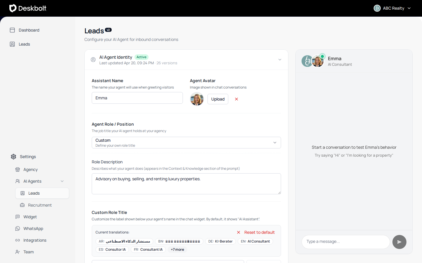 Deskbolt AI Agent customization screen — name, avatar, role, multi-language titles
