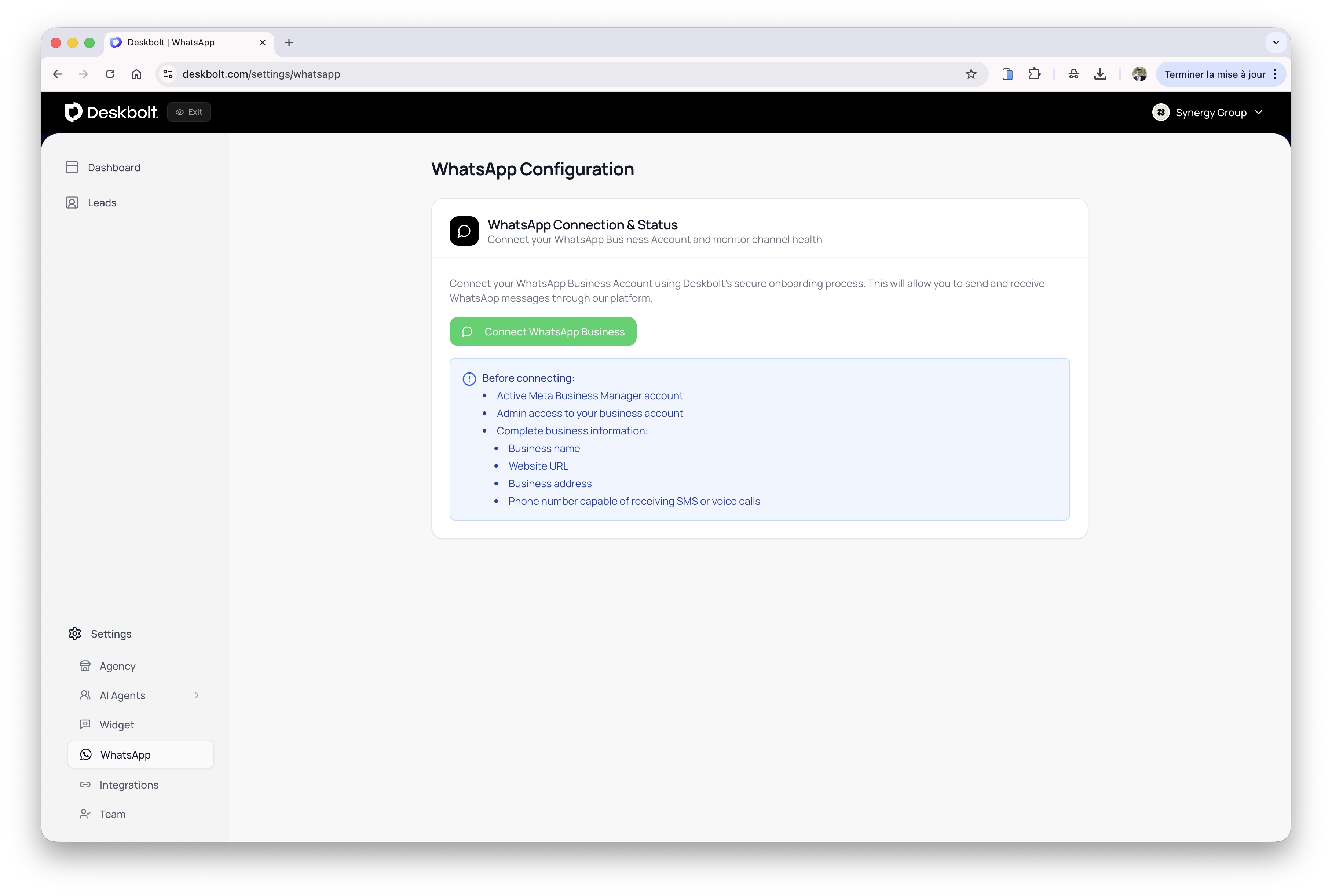 Deskbolt → Settings → WhatsApp page with Connect WhatsApp Business button