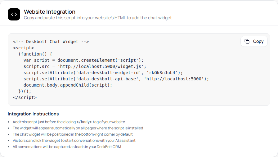 Website Integration card with embed script and Widget ID
