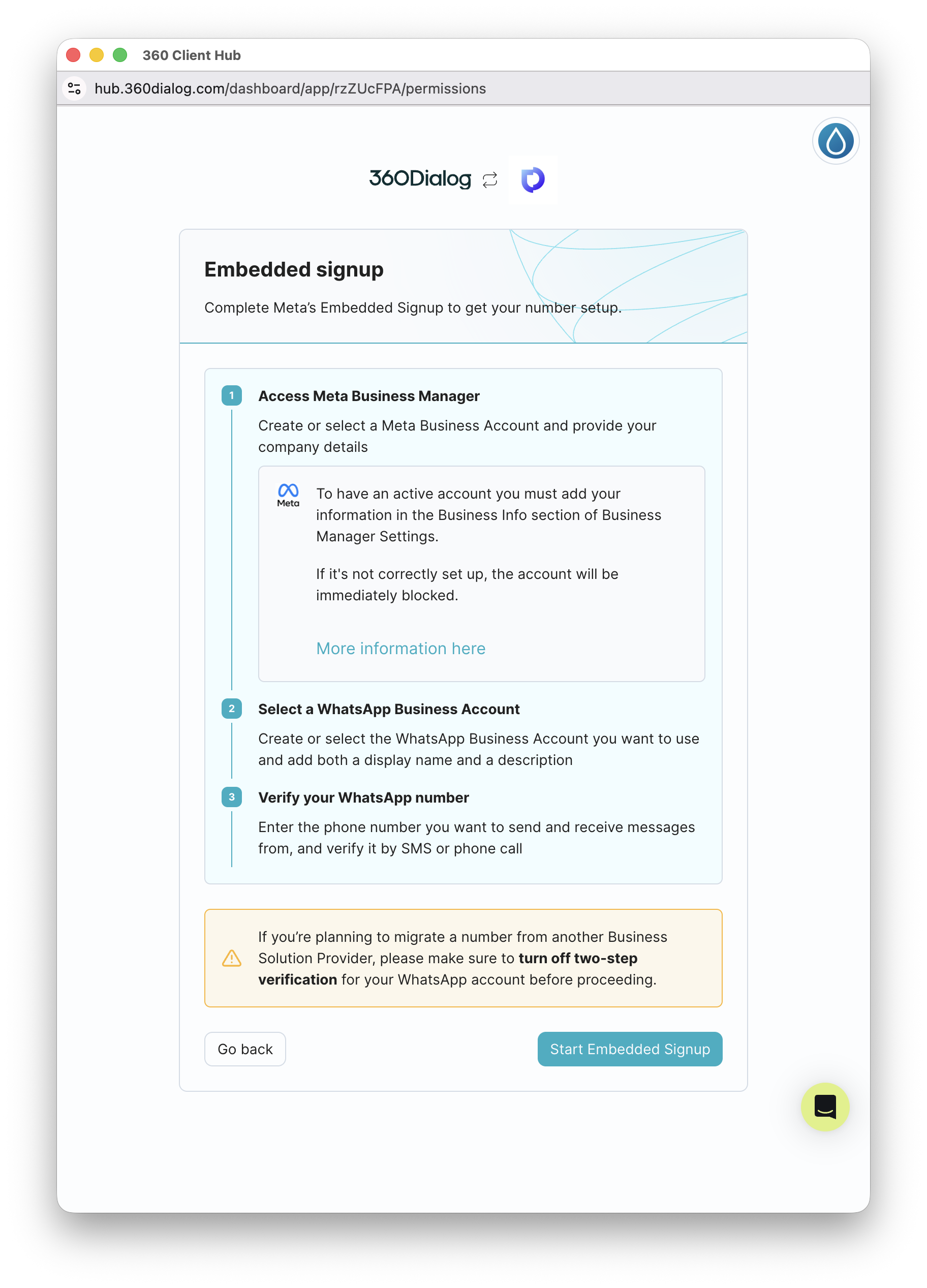 360dialog Embedded signup overview with 3 sub-steps and Start Embedded Signup button