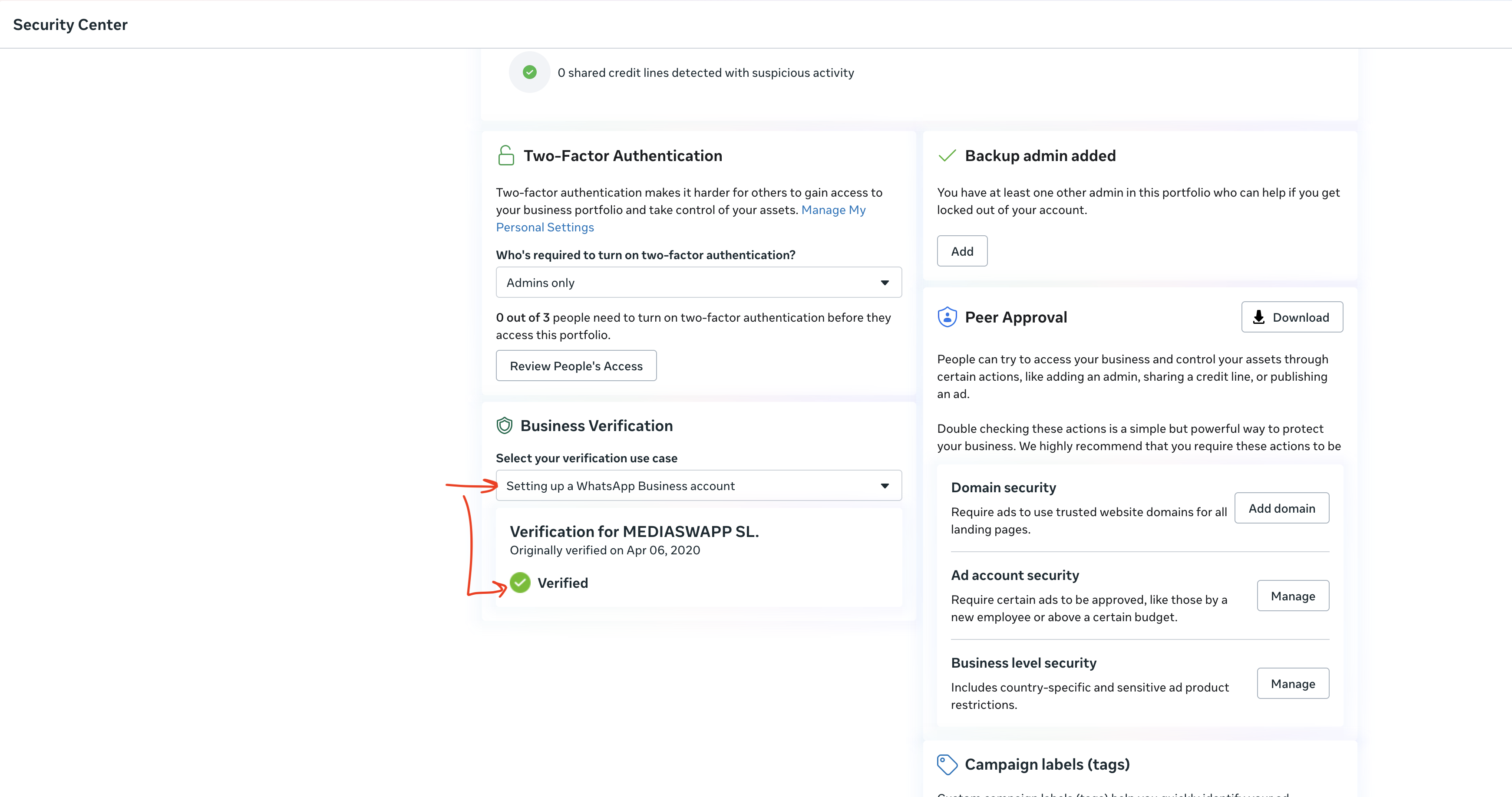 Setting up a WhatsApp Business account — Verified status displayed