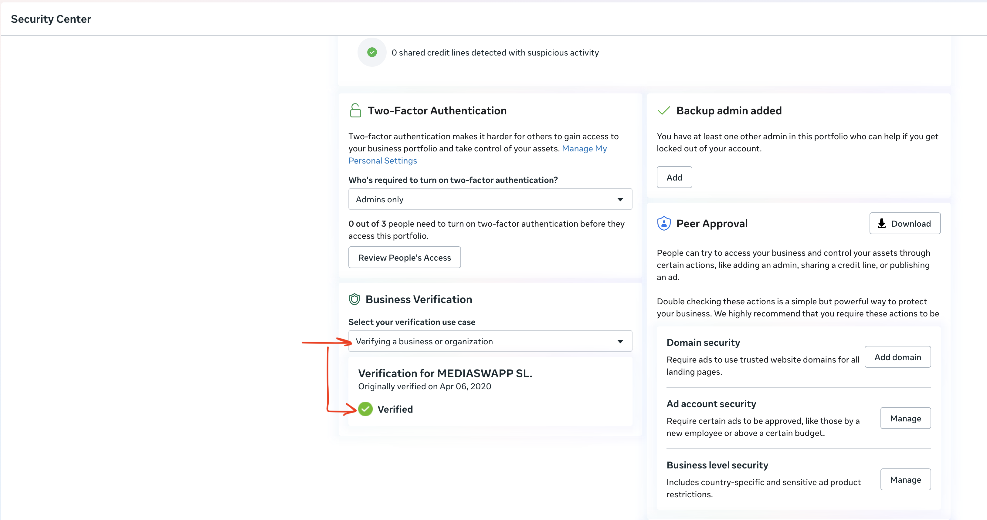 Verifying a business or organization — Verified status displayed