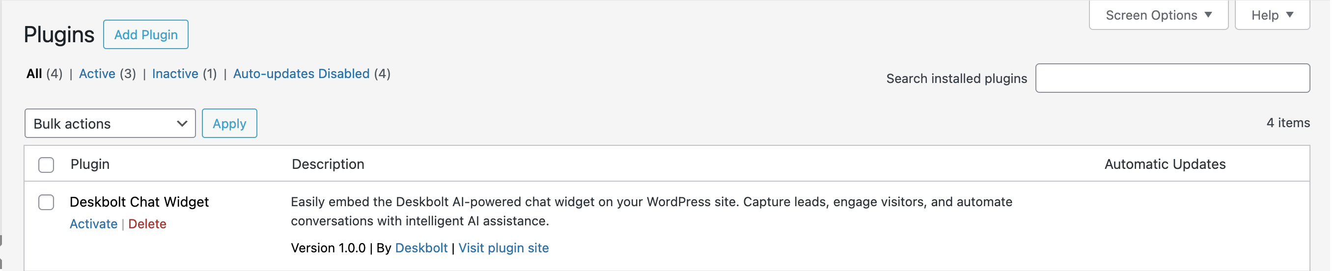 Deskbolt Chat Widget plugin in the WordPress Plugins list