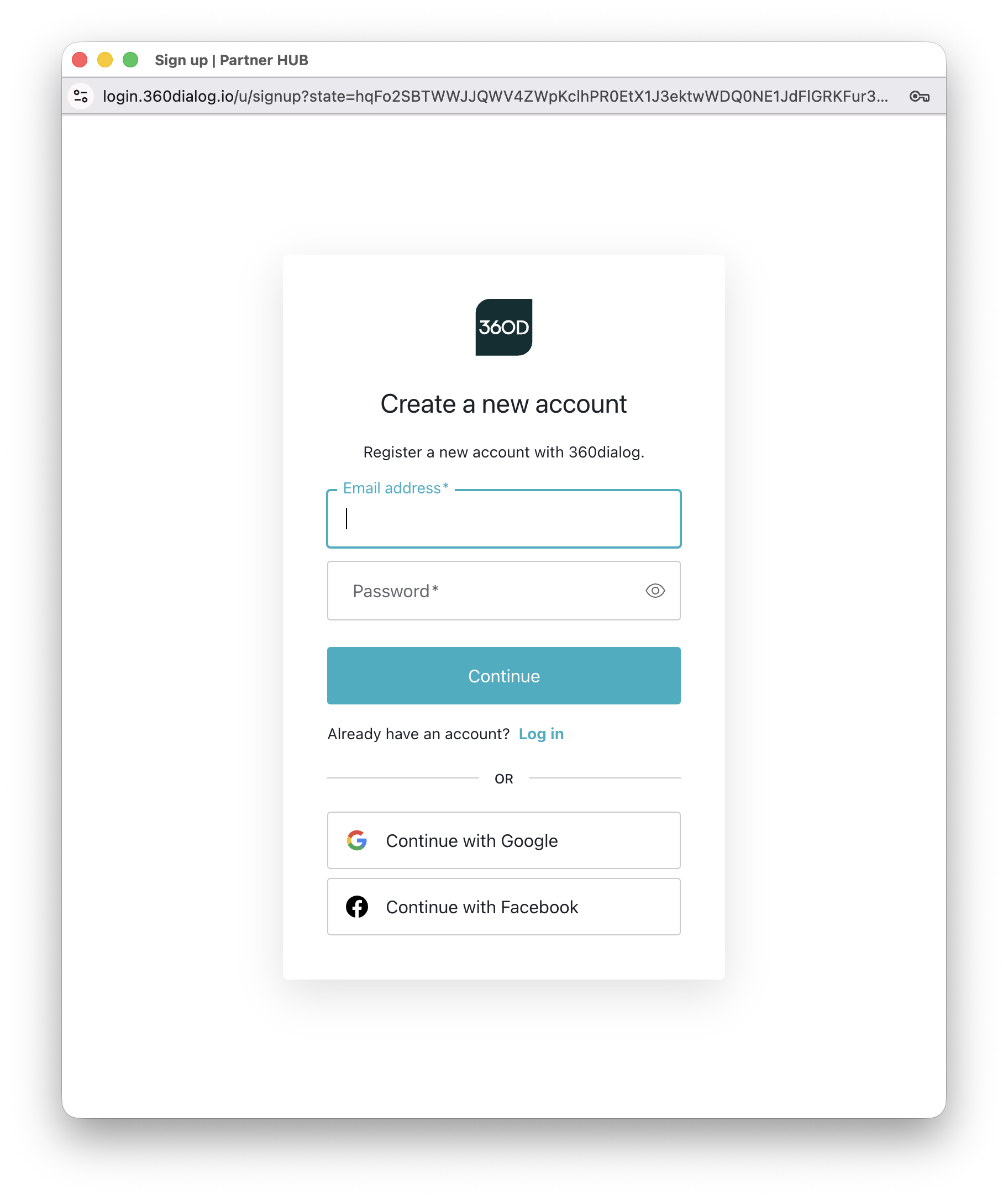 360dialog Create a new account avec champs email et mot de passe