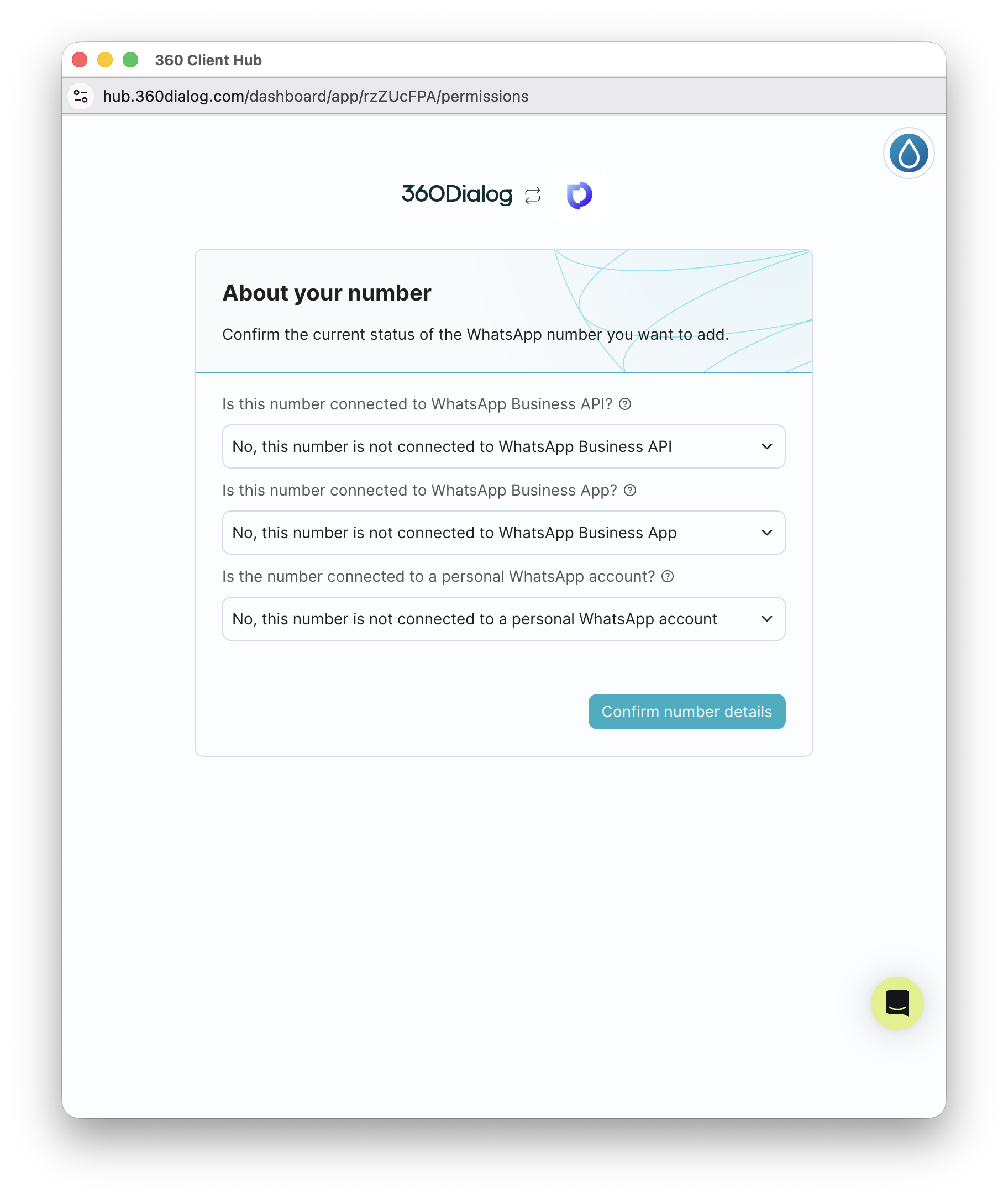 360dialog About your number — 3 questions répondues No, bouton Confirm number details visible