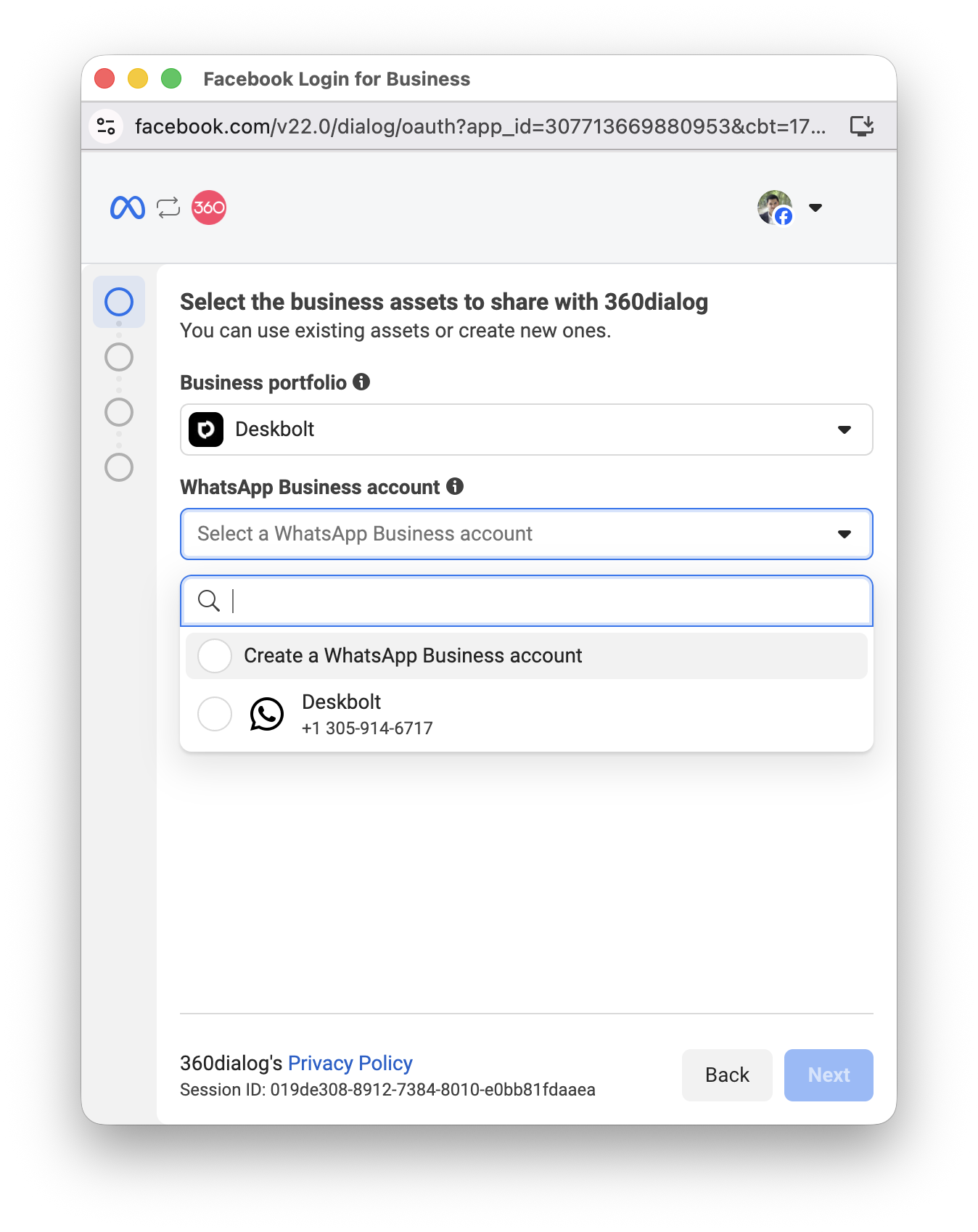 Facebook — Select the business assets to share with 360dialog : dropdowns Business portfolio et WhatsApp Business account