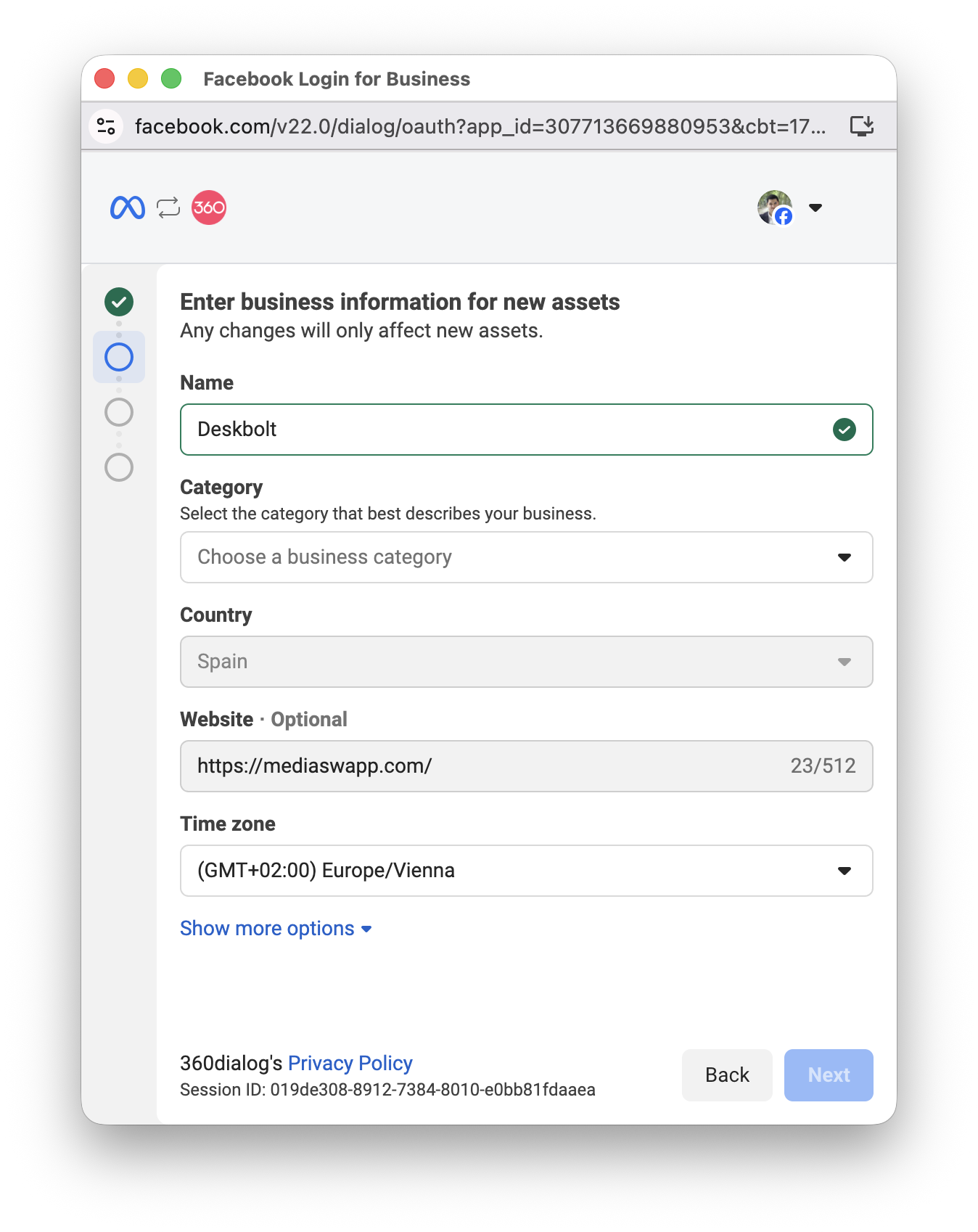 Facebook — Enter business information for new assets : champs Name, Category, Country, Website, Time zone