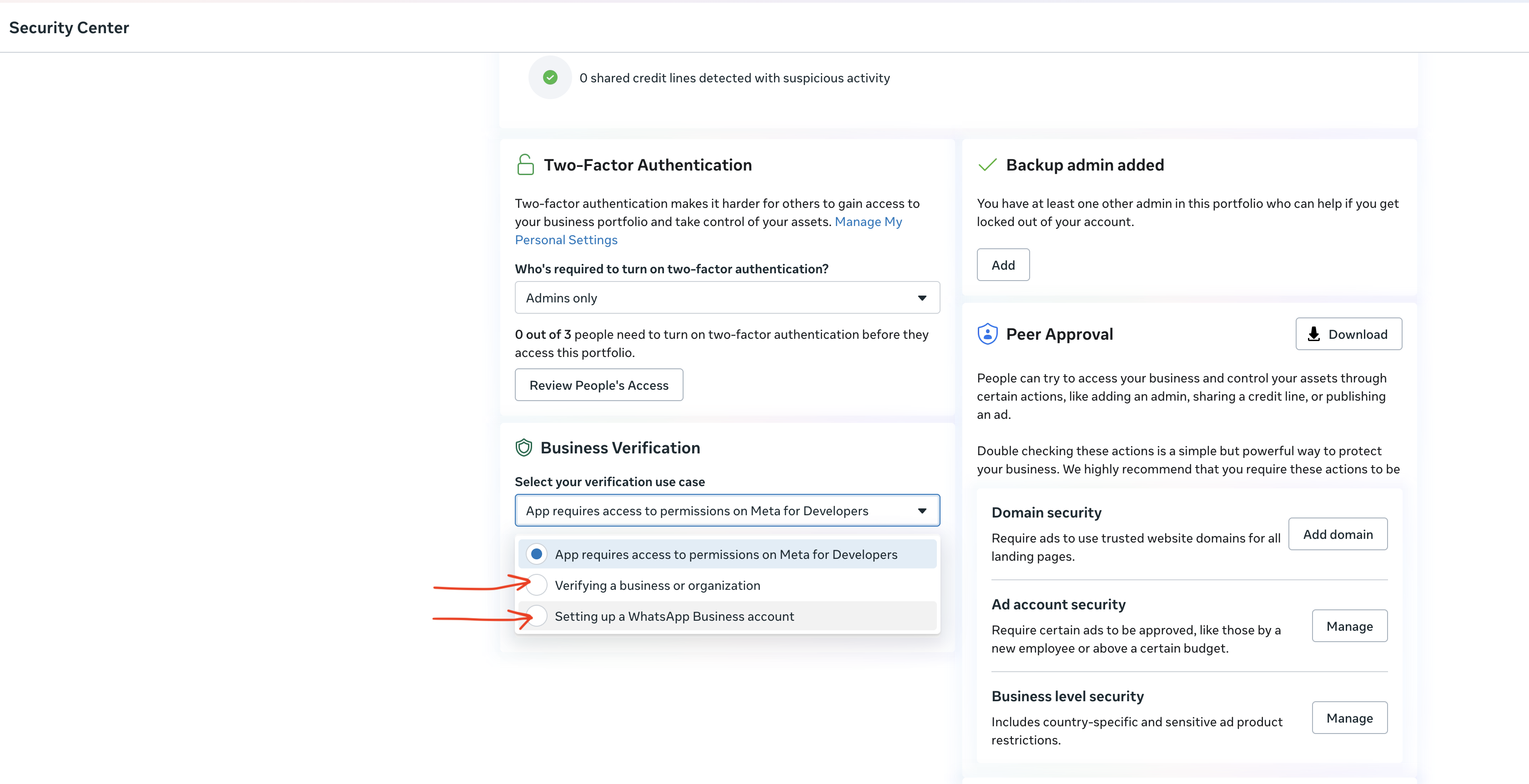 Security Center — Dropdown avec 3 options de vérification