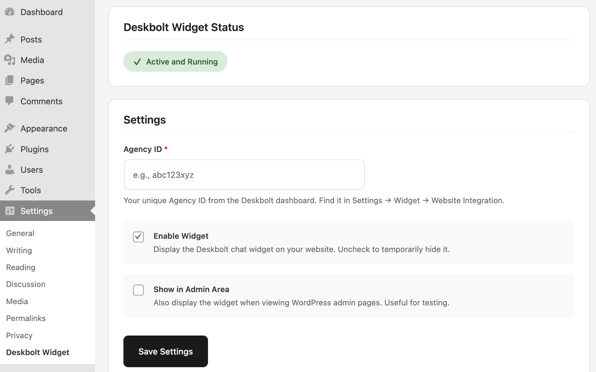 Page de réglages Deskbolt Widget dans l'admin WordPress