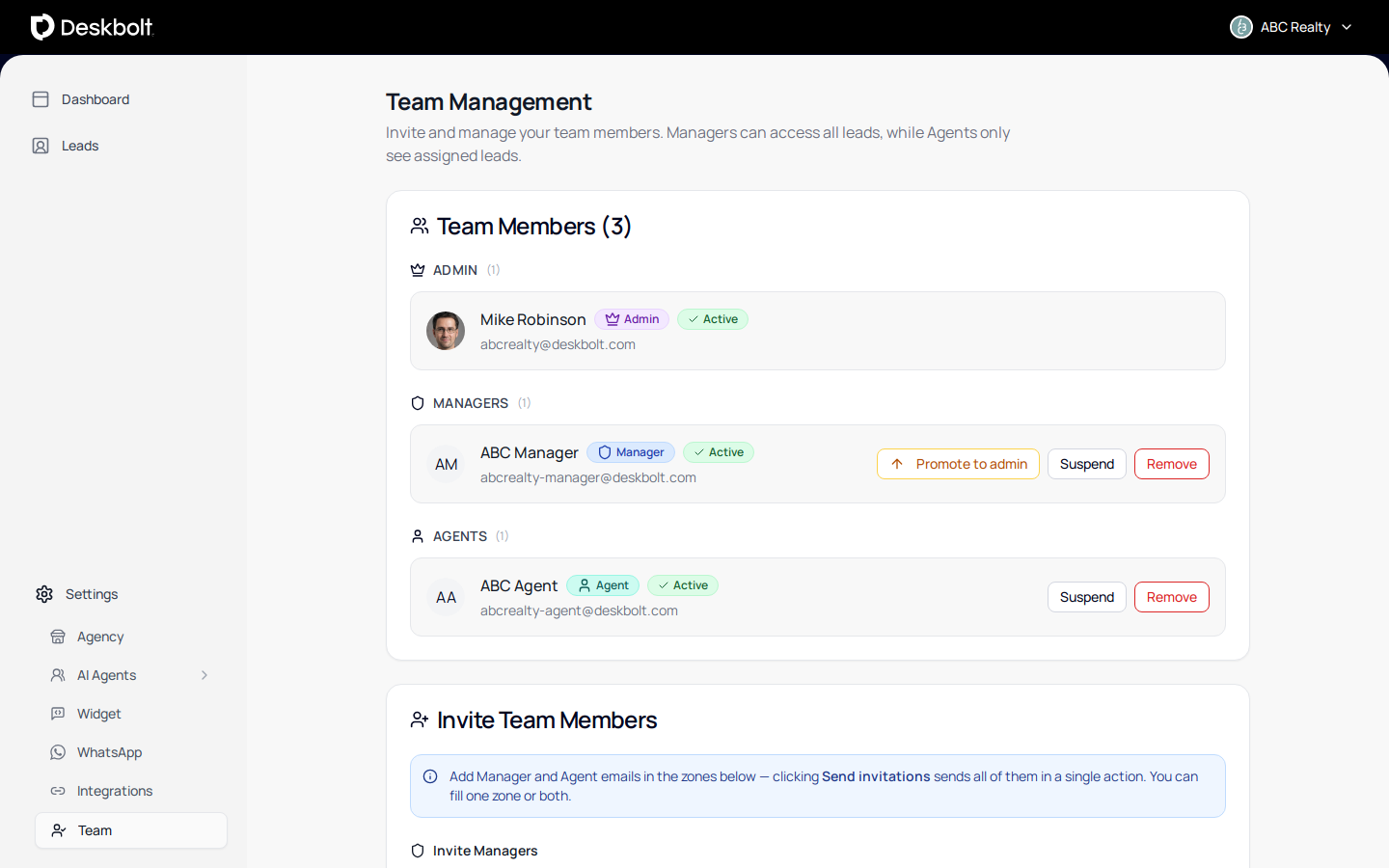 Sidebar with Settings expanded and Team selected