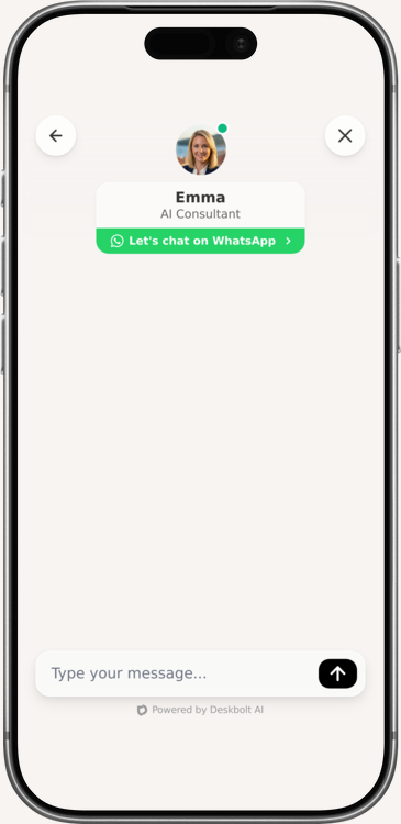 Deskbolt livechat widget on an iPhone — Emma the AI agent with avatar, multi-channel CTAs, message input