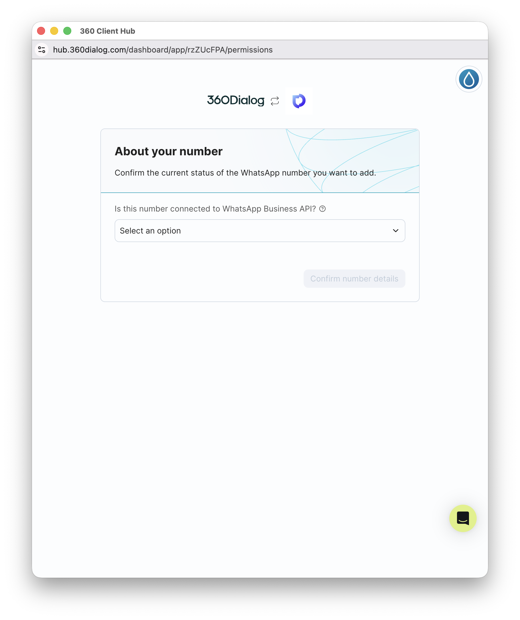 360dialog About your number — first question dropdown